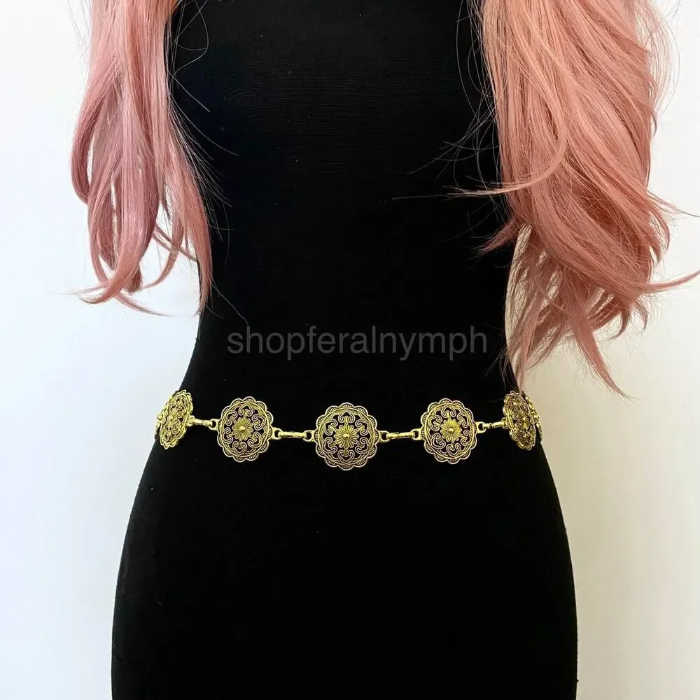 Gold Y2K Floral Mandala Boho Chain Belt, Fits 22.5-41.5 Inches, X7GA1281